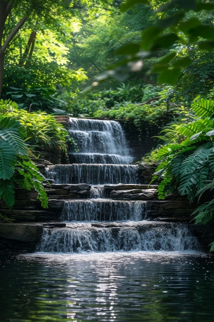 A calming waterfall cascading into a serene pool amidst lush green foliage