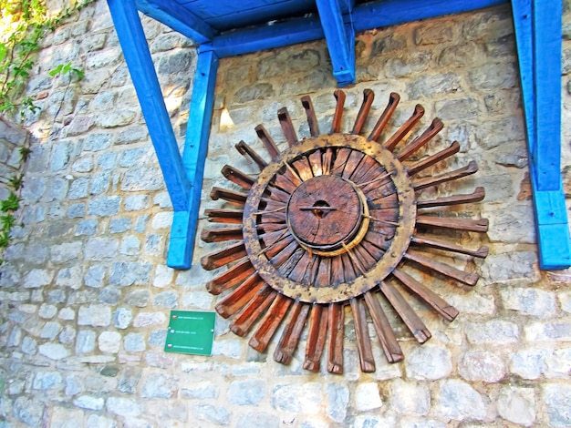 Calnic medieval fortress The wooden wheel on the wall of the fortress