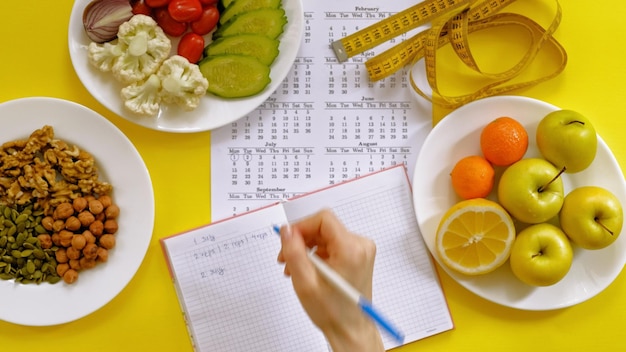 Photo calories control meal plan food diet and weight loss concept top view of hand filling meal plan on weekly table with salad and fresh vegetable on dining table