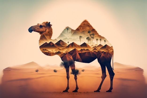 Camel abstract artwork in double exposure of sahara desert