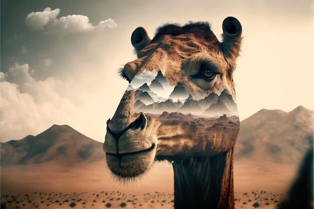 Camel abstract artwork in double exposure of sahara desert