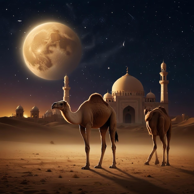 a camel and camel are in the desert with a full moon in the background