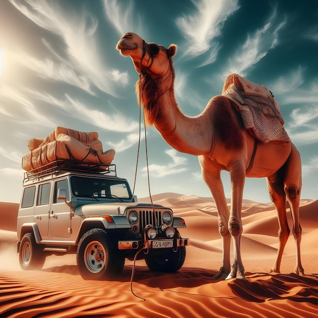 Camel and car for desert safari Saudi Arabia ai generator