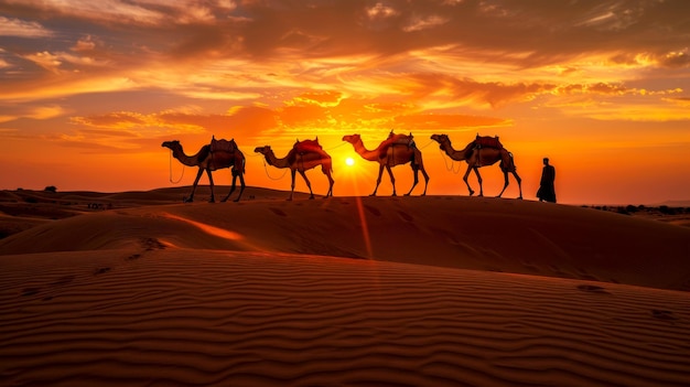 Camel caravan across the desert at sunset Stunning silhouettes of camels and a guide create a magical scene Perfect for travel adventure or cultural themes Beautiful desert landscape photography AI