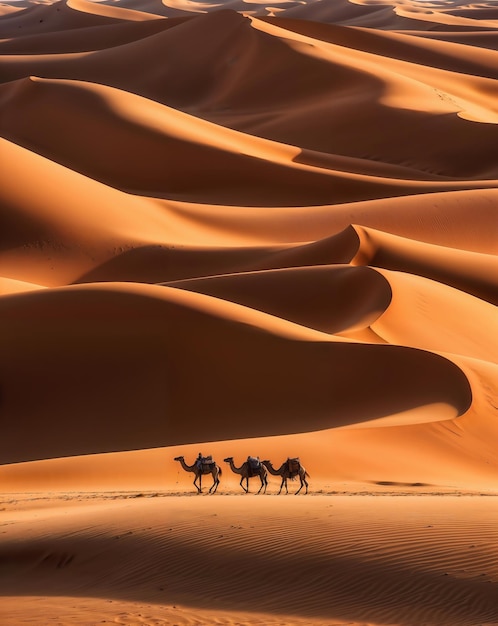 Camel Caravan Crossing Golden Sand Dunes in the Sahara Desert at