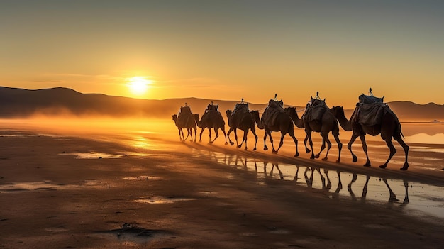 Camel caravan in the desert at sunrise Generative AI