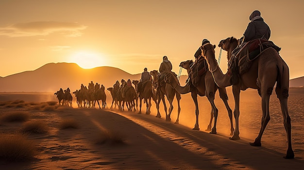 Camel caravan in the desert at sunrise Generative AI