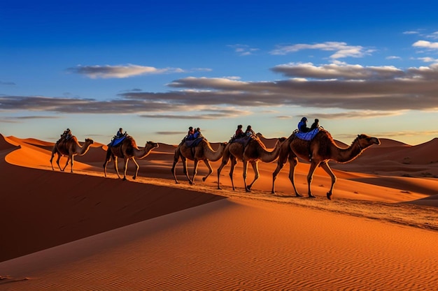 Camel caravan on the dune of erg chebbi at morocco