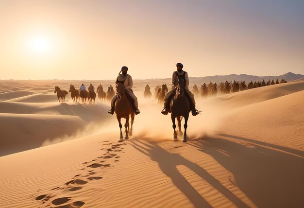 Photo camel caravan going through the desert with people riding them