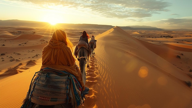 Photo a camel caravan is going through the sand dunes