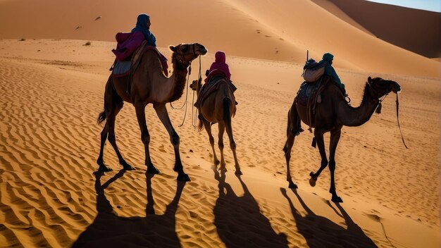 Camel caravan silhouette on desert dunes