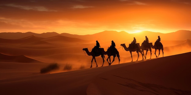 Camel caravan silhouette through the sand dunes in the Sahara Desert Morocco