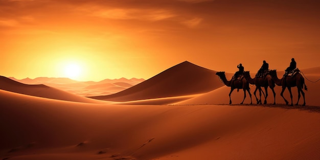 Camel caravan silhouette through the sand dunes in the Sahara Desert Morocco