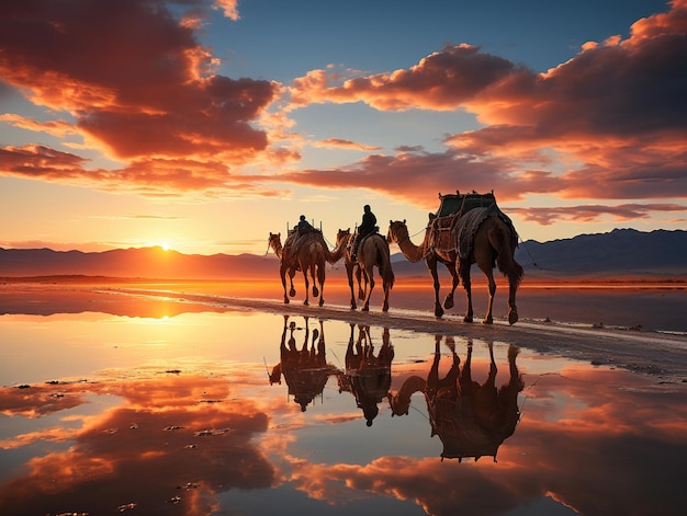 Camel caravan at sunset Generative AI