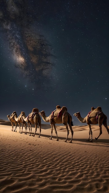 Photo camel caravans are on the sand in the desert