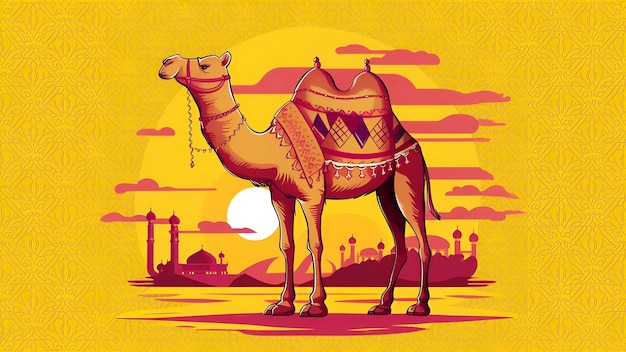 A Camel on a colorful background eid al adha mubarak islamic poster design Eid Mubarak Background