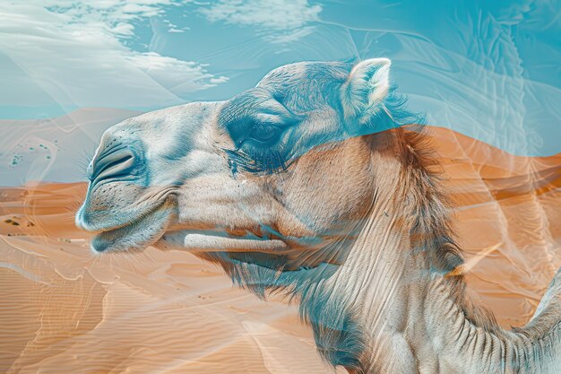 Photo camel and desert dunes double exposure showcasing wildlife resilience in arid landscapes