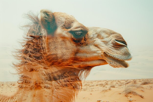 Photo camel and desert dunes double exposure showcasing wildlife resilience in arid landscapes