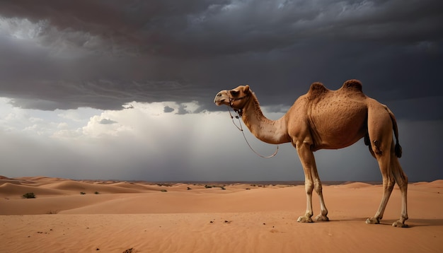 Camel in the Desert Under a Stormy Sky