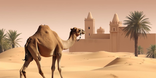 Camel on desert with mosque and palm tree eid al adha background