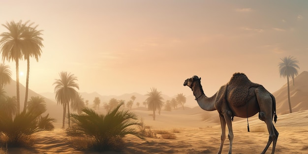 Camel on desert with mosque and palm tree eid al adha background