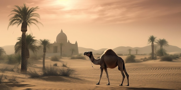 Camel on desert with mosque and palm tree eid al adha background