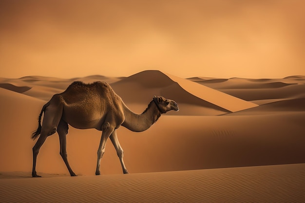 Camel in the desert with sand dunes in the background