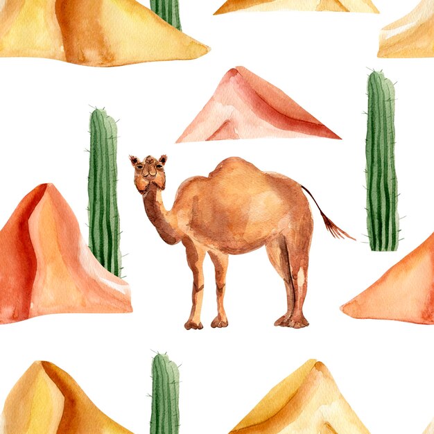 Photo camel among dunes and cacti in desert watercolor seamless pattern