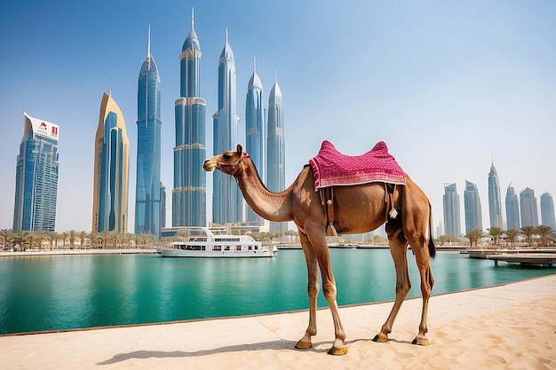 Photo camel in front of dubai marina in a summer day united arab emirates