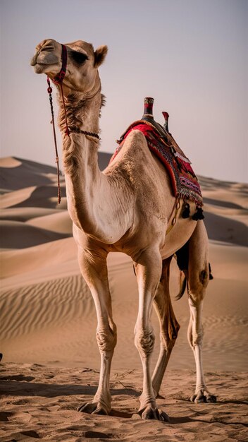 a camel is standing in the desert with a sign that says camel