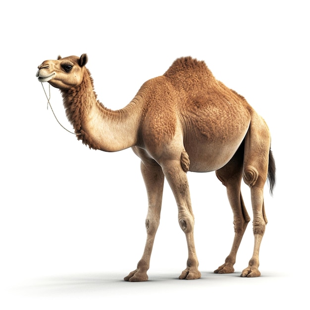 A camel is standing in front of a white background.