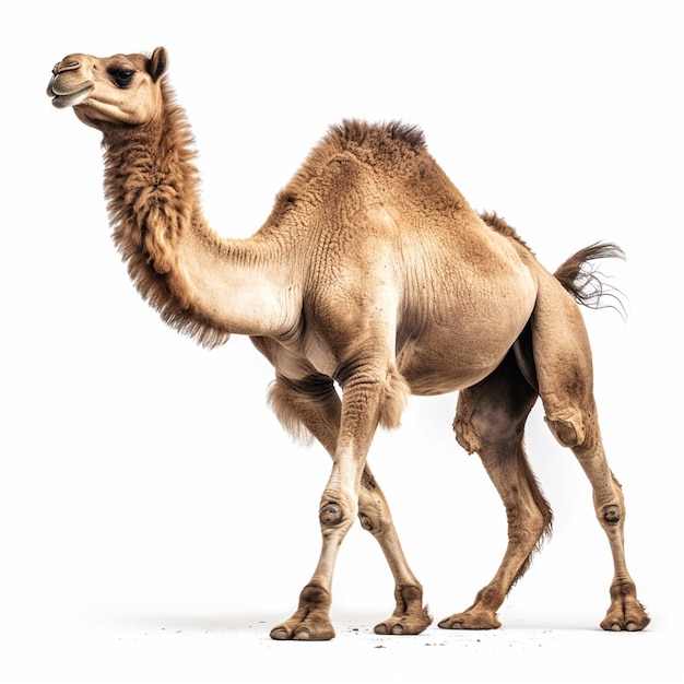 A camel is walking and has a white background and the word camel on it.