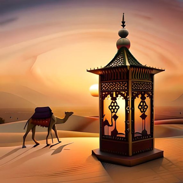 A camel and a lantern are in the desert.