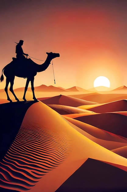 A camel and a man on a desert landscape