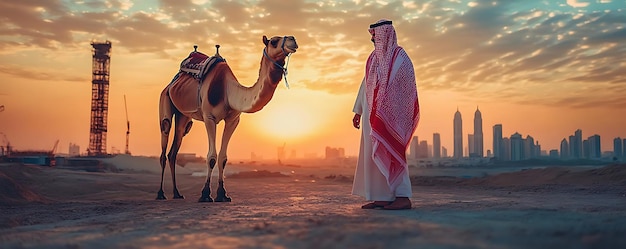 Photo camel and man in the desert at sunset dubai skyline photo