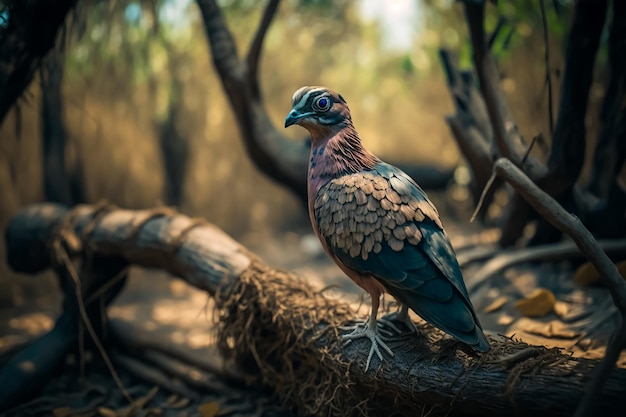 Camel pigeon Caloenas nicobarica perched on a branch