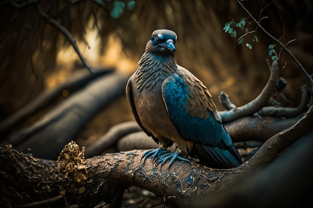 Camel pigeon Caloenas nicobarica perched on a branch