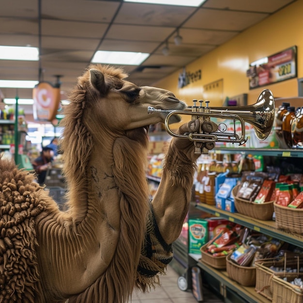 A Camel Playing the Trumpet in a Grocery Store