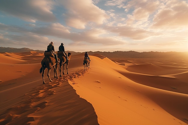 Camel riders walking on a beautiful golden desert clear sky camel caravan