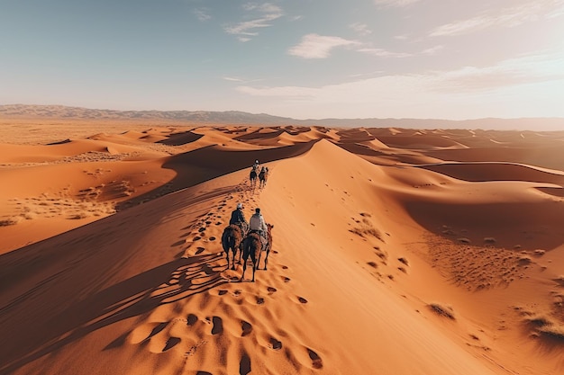 Camel riders walking on a beautiful golden desert clear sky camel caravan