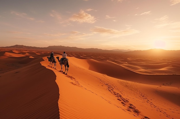 Camel riders walking on a beautiful golden desert clear sky camel caravan