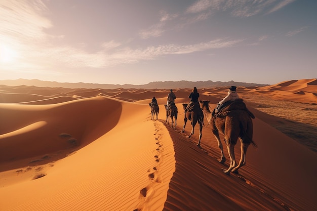 Camel riders walking on a beautiful golden desert clear sky camel caravan