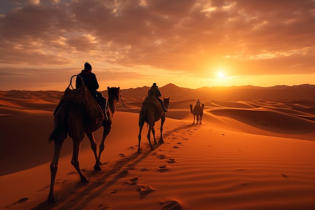 Camel riders walking on a beautiful golden desert clear sky camel caravan