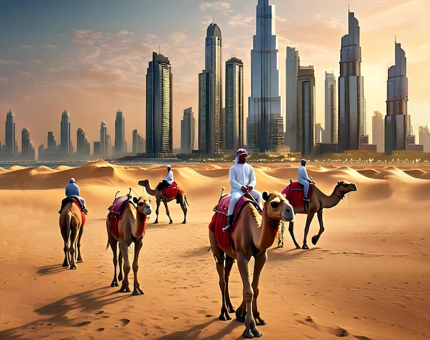 Photo camel safari riding on desert against arabian city background