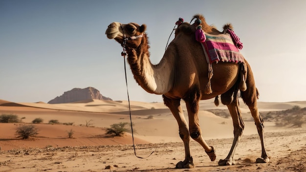 Camel standing in a vast desert under a clear blue sky