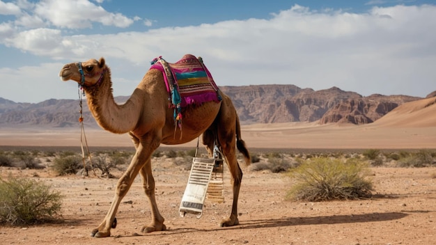 Camel standing in a vast desert under a clear blue sky