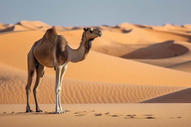 A camel stands in the desert with the desert in the background.