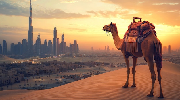 Photo a camel stands on a sand dune overlooking the dubai skyline at sunset