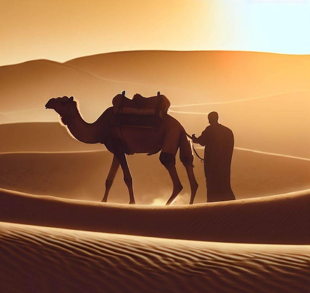 camel walking in the desert behind Among the sand hills With a sunset background