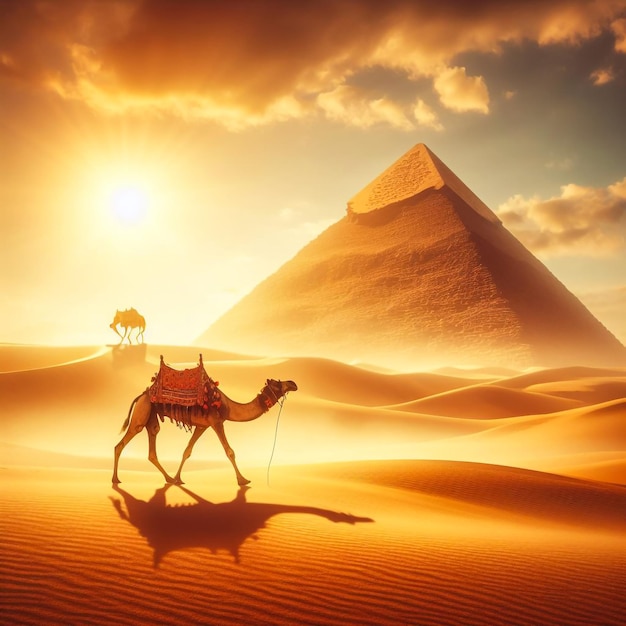 A camel walking in the desert with a pyramid in the background